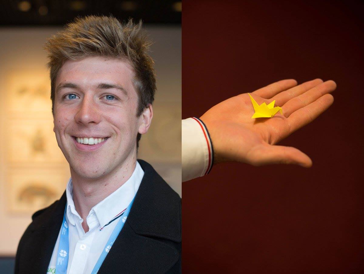 lutheranworld's tweet photo. #Cop23 Sam Suke, 24, Lutheran Church of Australia, has chosen a folded crane as his symbol of climate change: “Every responsible action is like a fold of paper. But several actions can progress something beautiful, a paper crane or a planet changed” #ClimateJustice #LWFClimate https://t.co/QXGEZkbPd5