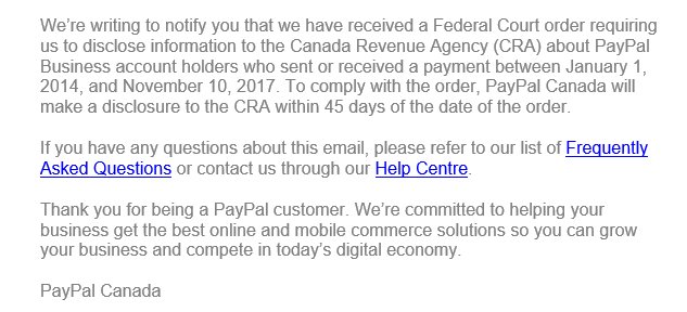 mgroupca's tweet image. PayPal is working with CRA to turn over names of people with business accounts.  If you made money and were paid by PayPal, make sure that you reported it on your tax returns.  If you forgot, adjust your returns now!  ow.ly/oblL30gDRsg