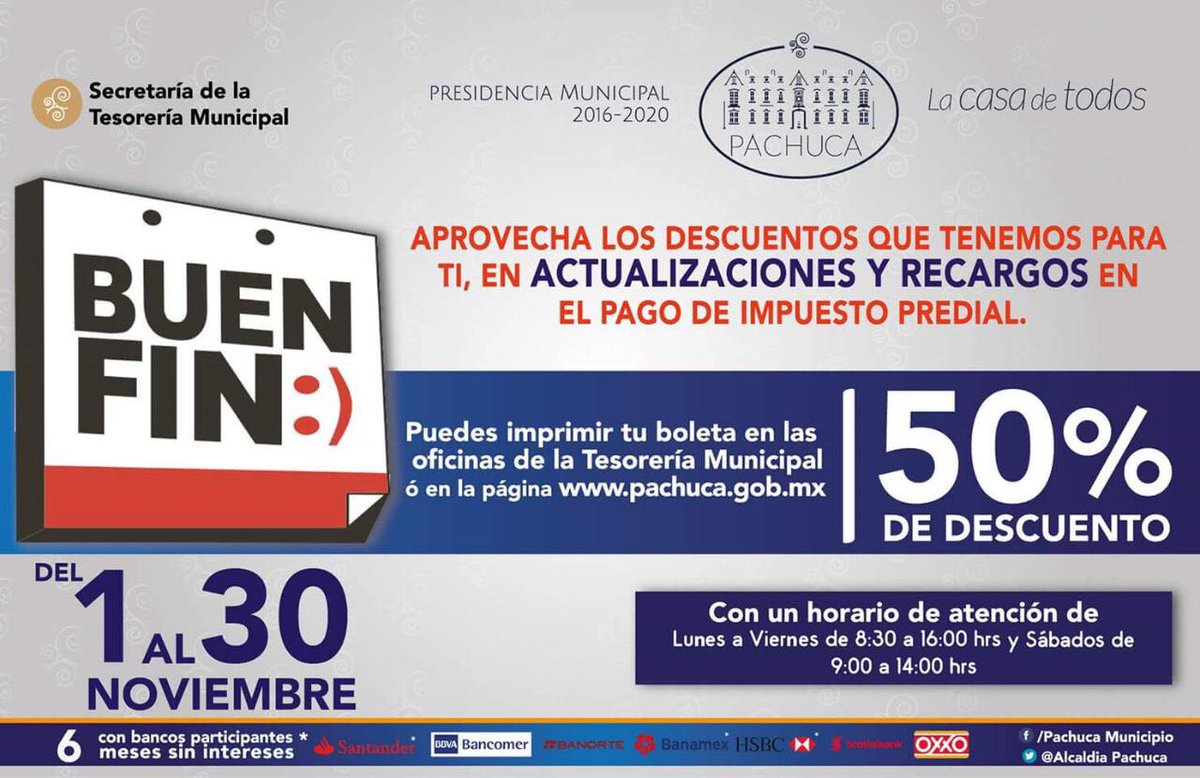 yolitelleria's tweet photo. Aprovecha los descuentos en el predial por el “Buen Fin”. #PachucaLaCasaDeTodos te apoya en tu economía. https://t.co/Ot3xfIpQ7s