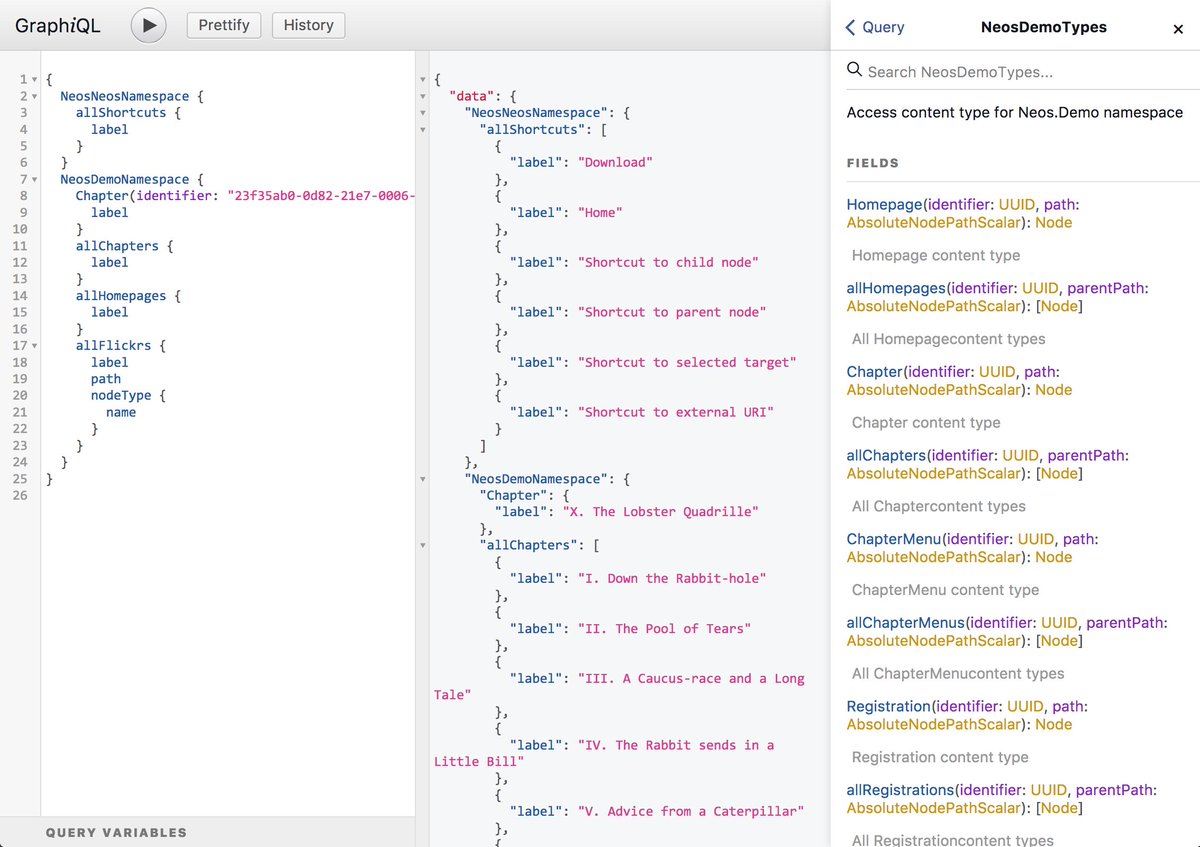 Quiet some progress this week on a prototype of a headless #graphql api for #neoscms, define your Node types and get a human friendly API for free