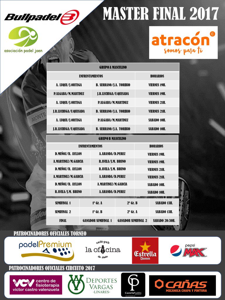 PadelPremium's tweet photo. Esta tarde desde las 18:00h empieza el Master de @aspadeljaen . Aquí tenéis los horarios. No os lo podéis perder!!! Además, Torneo Plata https://t.co/JZbmGfsGOx https://t.co/nG98dKINs8