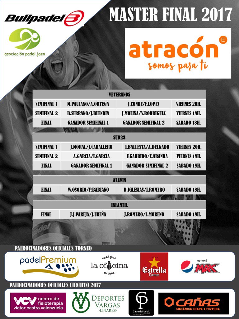 PadelPremium's tweet photo. Esta tarde desde las 18:00h empieza el Master de @aspadeljaen . Aquí tenéis los horarios. No os lo podéis perder!!! Además, Torneo Plata https://t.co/JZbmGfsGOx https://t.co/nG98dKINs8