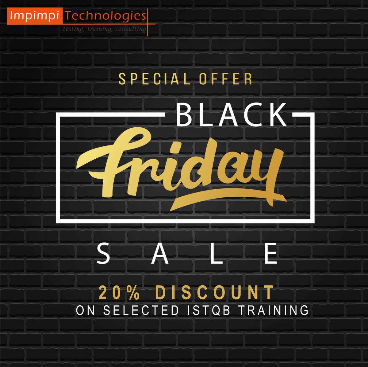 ImpimpiTech's tweet photo. This year we are celebrating #Blackfriday with 20% discount on selected #ISTQBtraining courses. Registrations will open 8am and close at 4pm, 24 Nov.
To get a free quote and details about how easy it is to become #ISTQBCertified contact us https://t.co/gZhgHsZ28l  
#istqb #agile https://t.co/Rjs20iZGPQ