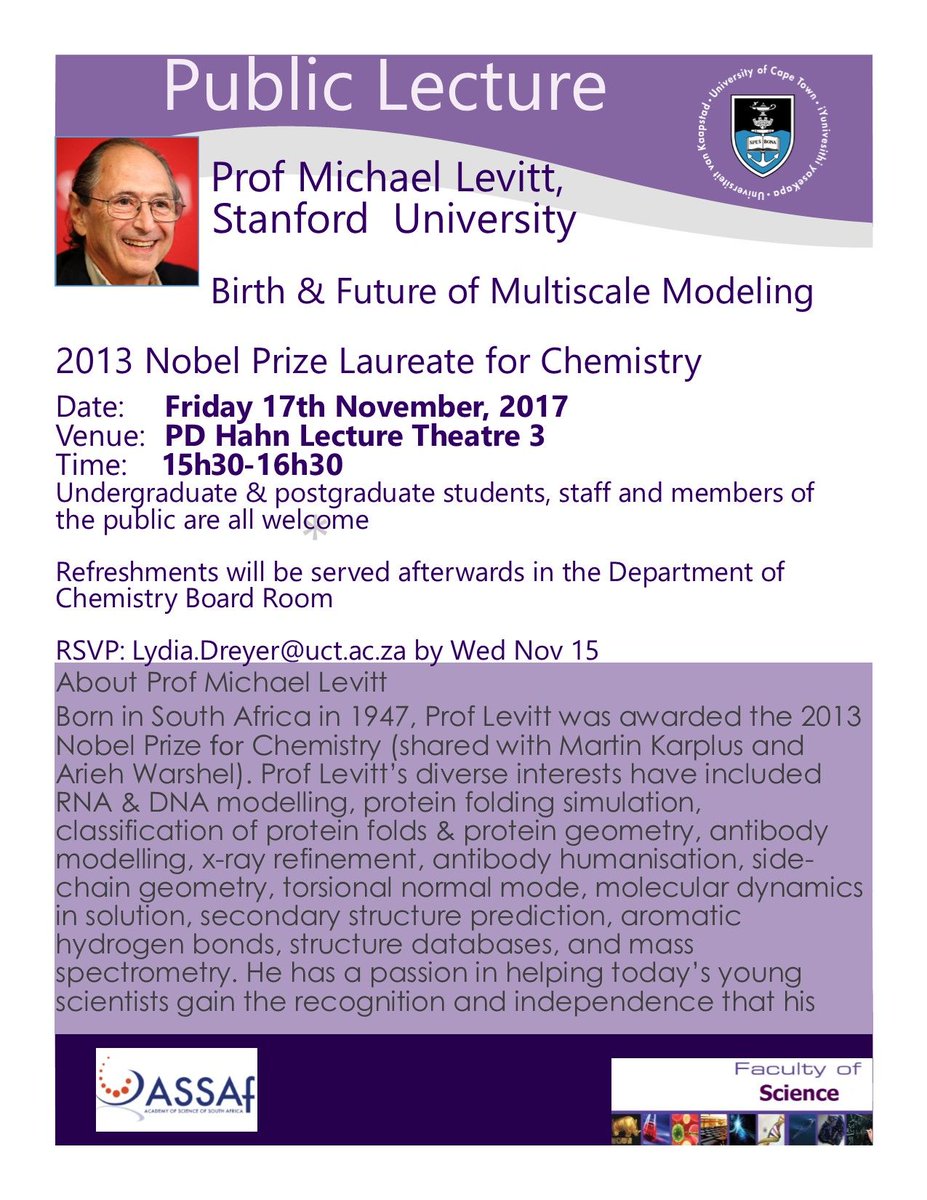 ASSAf_Official's tweet photo. Public lecture today at @UCT_news by Nobel Prize Winner, Prof Michael Levitt: Birth & future of multi-scale modelling of macromolecules at the PDHahn Lecture Theatre 3 at 15:30 #ASSAfPublicLecture #ASSAfDistinguishedScholar https://t.co/JyUiyXlO0c