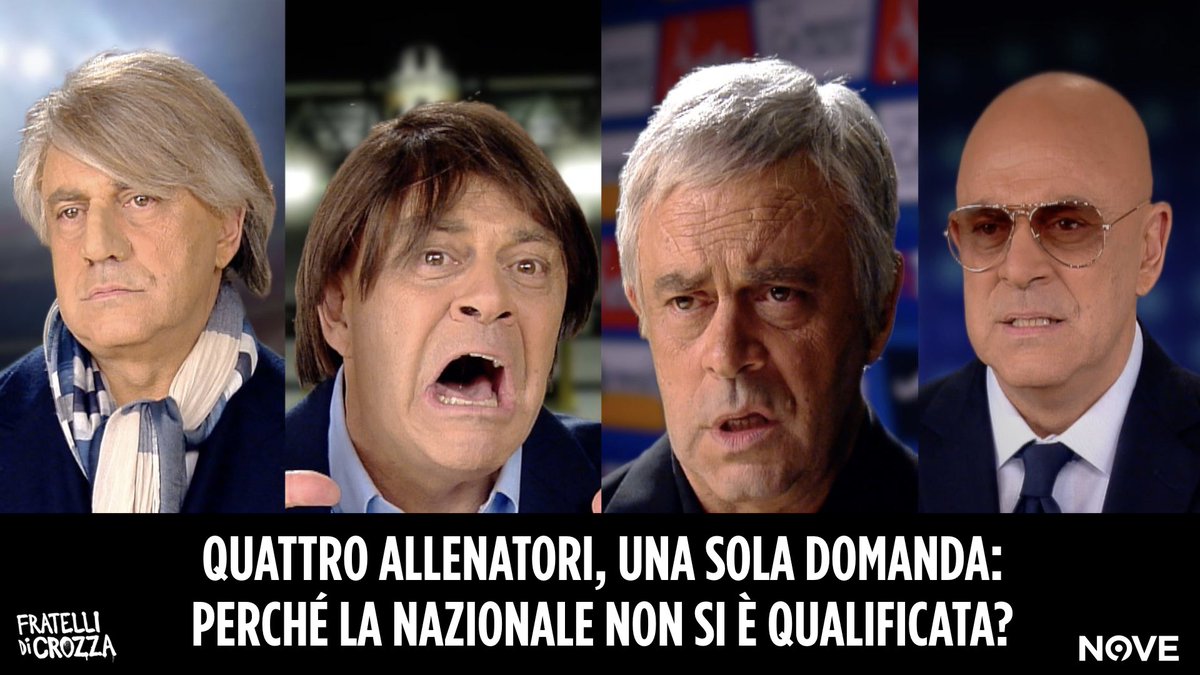 fratellicrozza's tweet photo. In Italia siamo tutti allenatori, ma loro di più! #CrozzaMancini, #CrozzaConte, #CrozzaMourinho e #CrozzaSacchi ci spiegano le ragioni della disfatta della Nazionale dal palco di #FratelliDiCrozza, stasera, alle 21.25, su @nove. https://t.co/g2L0CZZXIz