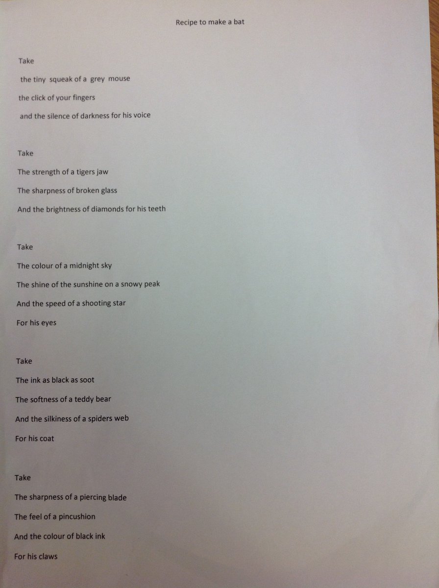 <a href="/PieCorbett/">Pie Corbett</a> <a href="/DeputyMitchell/">David Mitchell</a> Any chance of a comment and/or re-tweet for one of our reluctant writers' 'Recipe to make a bat' poem?