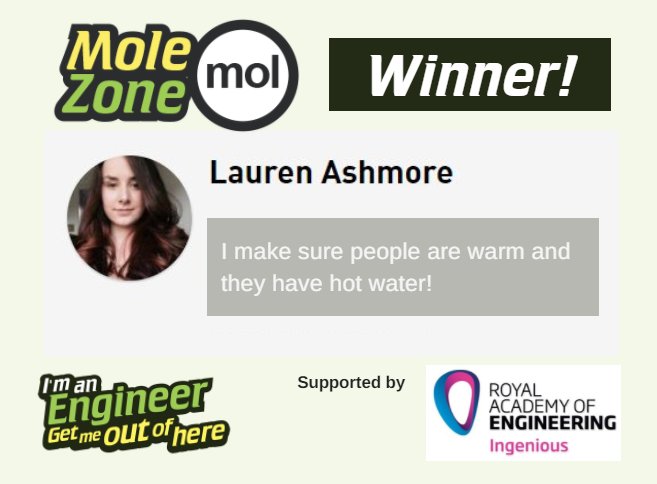 IAEGMOOH's tweet photo. Finally, in @RAEngNews Mole Zone... the brilliant @Lauren_Ashmore of @GMSThermal has won the most votes! (although not quite 6.022×10 to the 23) Huge congrats to Lauren! #IAEUK https://t.co/D0TvGAalEF