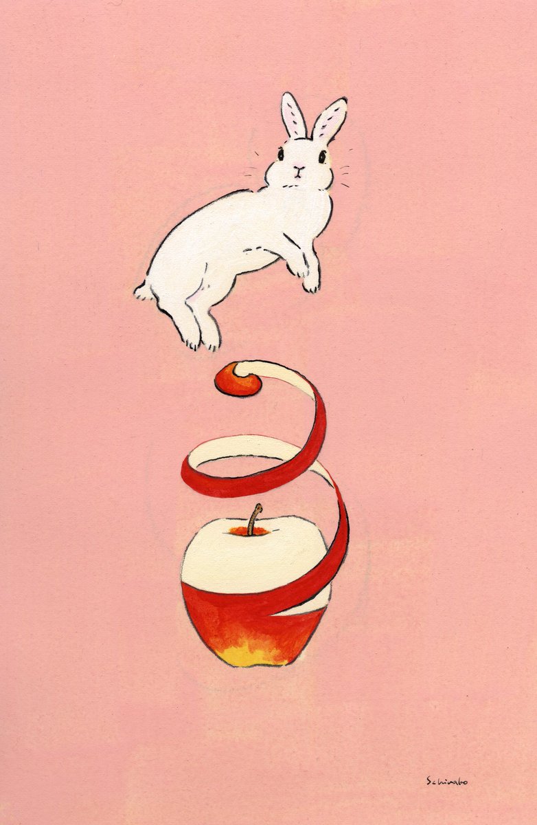 Schinako Illustrator りんご好きのうさぎさんはりんごで心が踊る うさぎ好きの飼い主はそれを見て心が踊る うさぎ イラスト