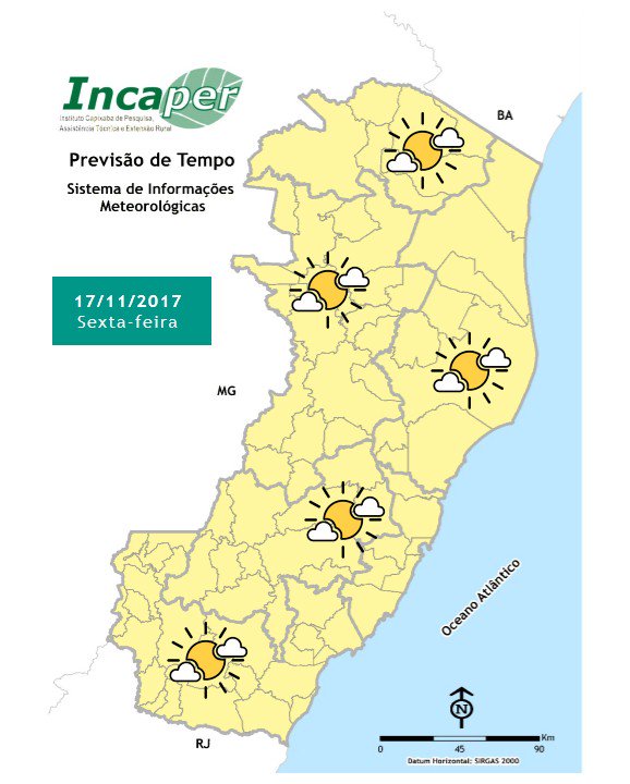 Incaper's tweet image. ☀️🌤️Sexta-feira de sol e calor no Espírito Santo🌤️☀️ Acompanhe a previsão meteorologia.incaper.es.gov.br #Incaper #clima