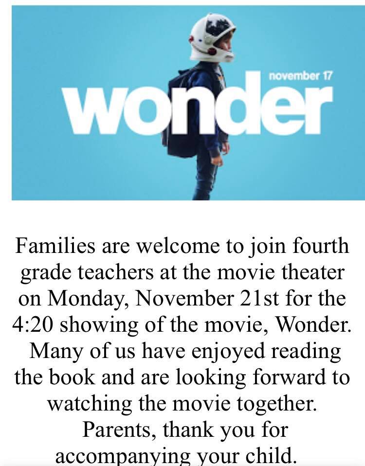 BallanceTeach86's tweet photo. Students and Parents please meet us on Monday for Wonder! Students must be accompanied by an adult. See details below! Admission will be $6.25 for all students and parents who mention they are with NHES! See you there! https://t.co/50bOw3A2nM