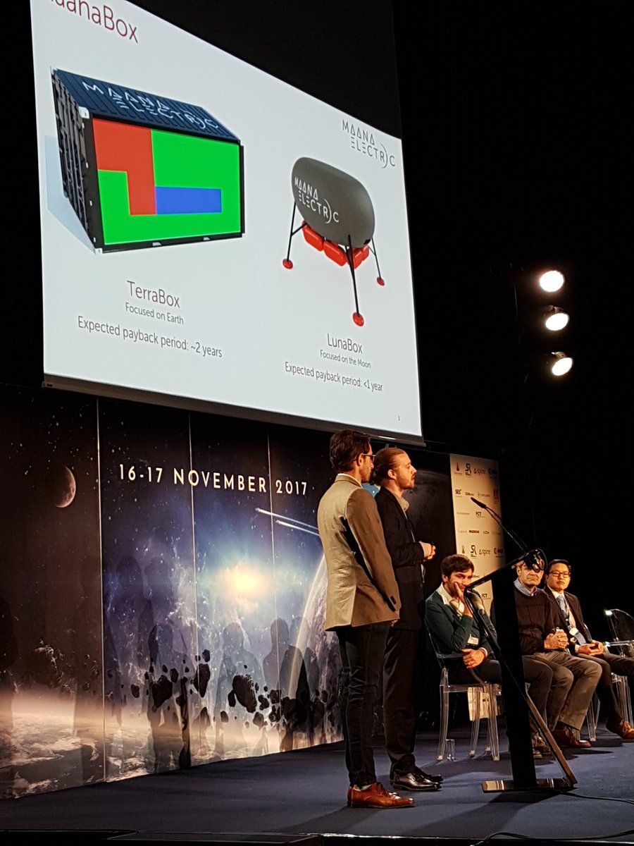 ISU_SpaceMaster's tweet photo. @ISUnet @ISU_SpaceMaster #MSS17 alumni Joost van Oosten  &amp; Joshua  Rasera (MSS17) presenting their MAANAELECTRIC  project to produce cheaper solar panels at @NewSpaceEurope  as prize winners of the creative start-up competition. https://t.co/HDolMo9nMc
