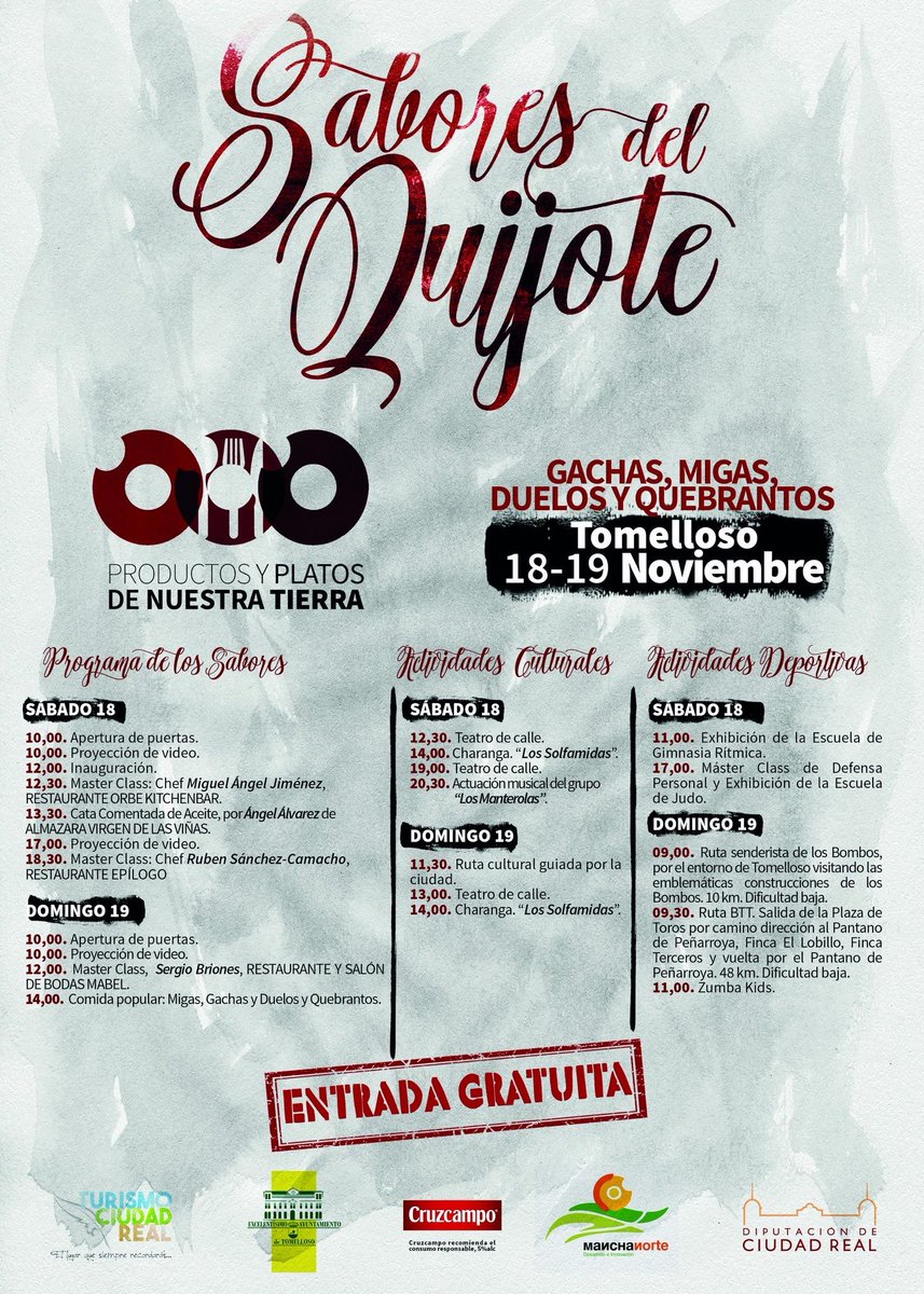 Ayto_Tomelloso's tweet photo. Mañana damos comienzo con #SaboresdelQuijote. Una iniciativa de la @DiputacionCR y el @Ayto_Tomelloso ¡Os esperamos mañana a las 12:00 h en la Plaza de Toros! https://t.co/qpykRWZEoP