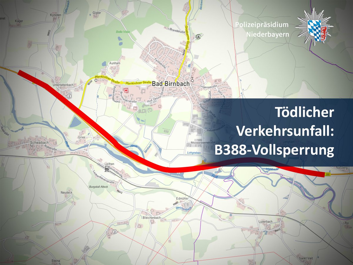 polizeiNB's tweet photo. Bad Birnbach, Lkr. Rottal-Inn – Nach tödlichem #Verkehrsunfall ist #B388 auf Höhe PAN 4 vollgesperrt. Bitte Umleitungen beachten. https://t.co/piMqNSs088