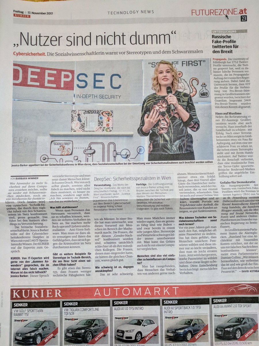 drjessicabarker's tweet image. &quot;Users are not stupid&quot; in print and online, coverage of my #deepsec keynote in one of Austria&apos;s biggest papers. By @shroombab