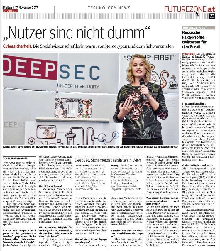 drjessicabarker's tweet image. &quot;Users are not stupid&quot; in print and online, coverage of my #deepsec keynote in one of Austria&apos;s biggest papers. By @shroombab