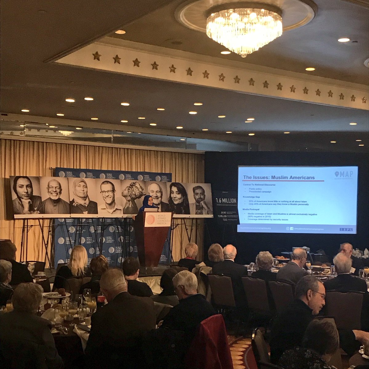 WACAmerica's tweet photo. .@DMogahed of @TheISPU highlights Muslims making a difference in the US and presents her research w/ Muslims for American Progress #WACA2017 https://t.co/dpTXqLz5ue