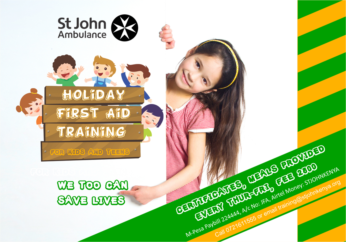StJohnKenya's tweet photo. #StJohnAmbulance is the leading provider for first aid and safety training in Kenya. We are enrolling kids for Holiday First Aid Camp. Classes resumes next week Thursday and Friday. See details to register! #JuniorFirstAid https://t.co/hXEPYTTDQQ