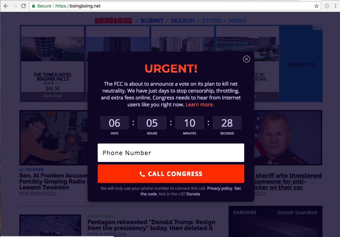 fightfortheftr's tweet image. Boing!!!! Huge thanks to our friends @BoingBoing for helping drive phone calls for #NetNeutrality. The FCC is expected to vote on December 14! Call now: battleforthenet.com