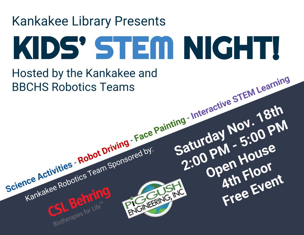 Ironclad5847's tweet photo. @bbchs307 Ironclad invites kids &amp; parents interested in Robots &amp; STEM to Kankakee library Sat. Nov 18, 2-5pm! Hosted by Kankakee robotics. https://t.co/KiarPeWFcZ