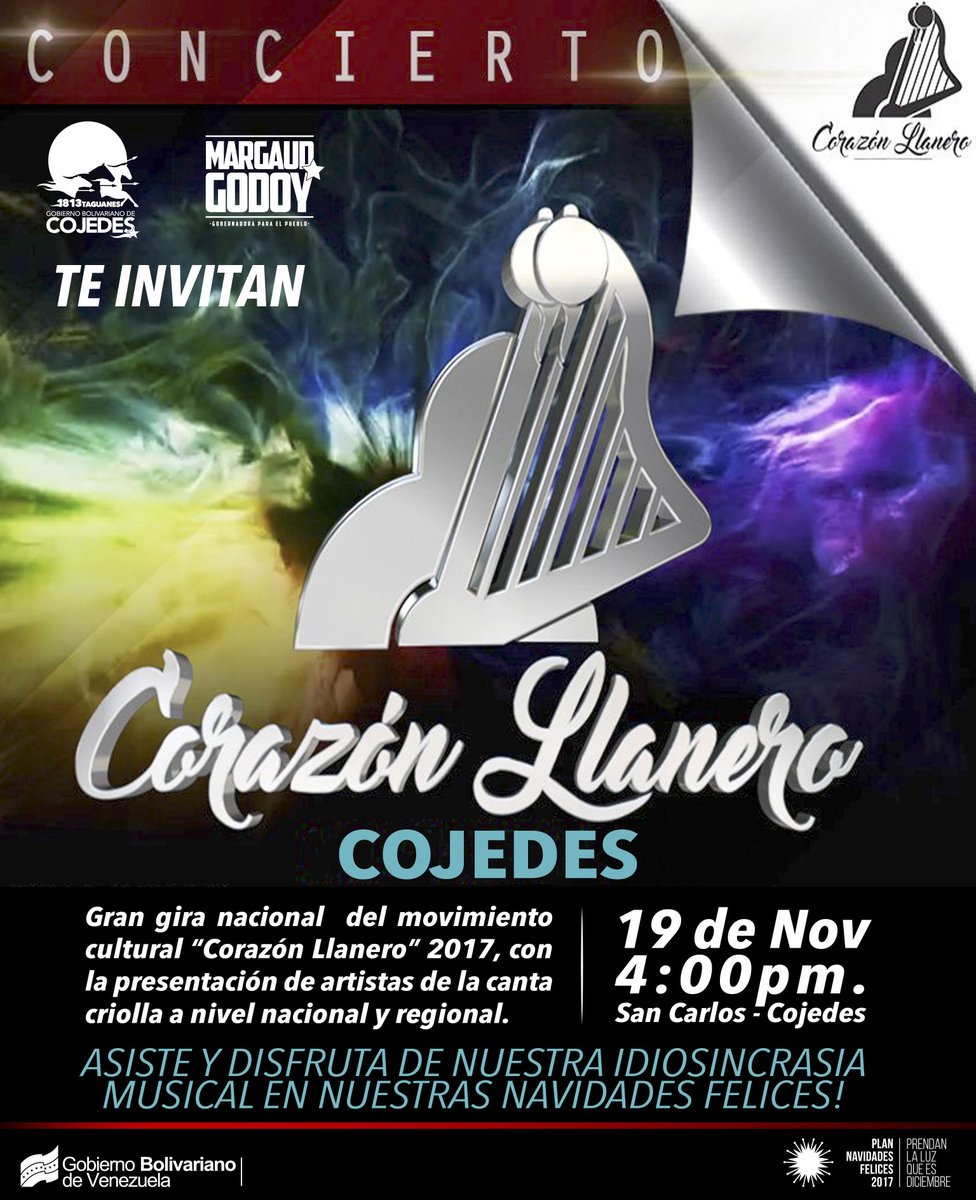 culturacojedes2's tweet image. Asiste y disfruta este domingo #19Nov del Gran Concierto del Movimiento Cultural "Corazón Llanero" #NavidadesFelices con @MargaudPSUV disfrutamos en paz