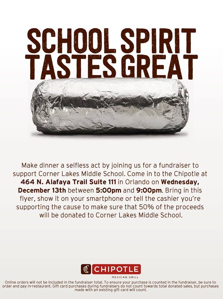 CornerLake_OCPS's tweet image. #Chipotle Spirit night is December 13th at the Waterford Lakes location.  Support #CornerLake and eat dinner at the same time! 50% of the proceeds go right back to Corner Lake.  #CornerLakePTSA #BurritosAreAwesome