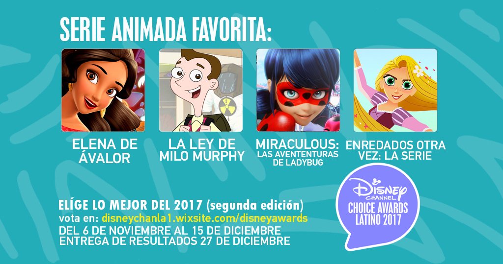 mydisneylatino's tweet photo. Vota por la #SerieAnimadaDelAño ingresando en https://t.co/ajwAvADUqi 🏆😍También puedes votar en twitter usando el hashtag #DCA2017 + Tu Favorito. #ElenaDeAvalor #LaLeyDeMiloMurphy #MiraculousLadybug #EnredadosOtraVez ¡Elegir lo mejor del año está en tus manos! https://t.co/ulAU11DBVf