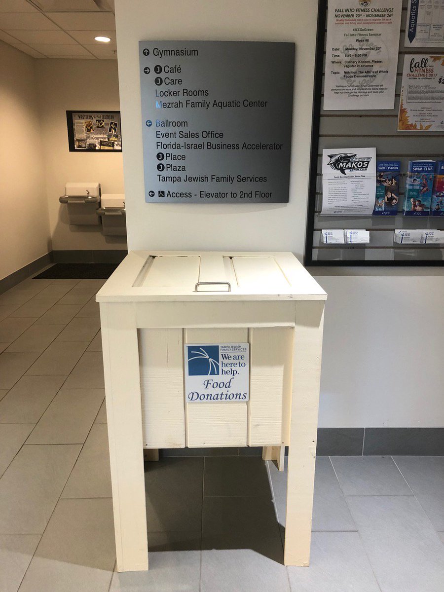 TJFSTampa's tweet photo. New drop off location for Community Food Bank Donations! Now, you can drop off non-perishable goods in the new bin in the lobby at Bryan Glazer Family JCC!  

Please help us help others by dropping off food donations next time you go to work out or to an event. Thank you! https://t.co/pY7RDFG9M4