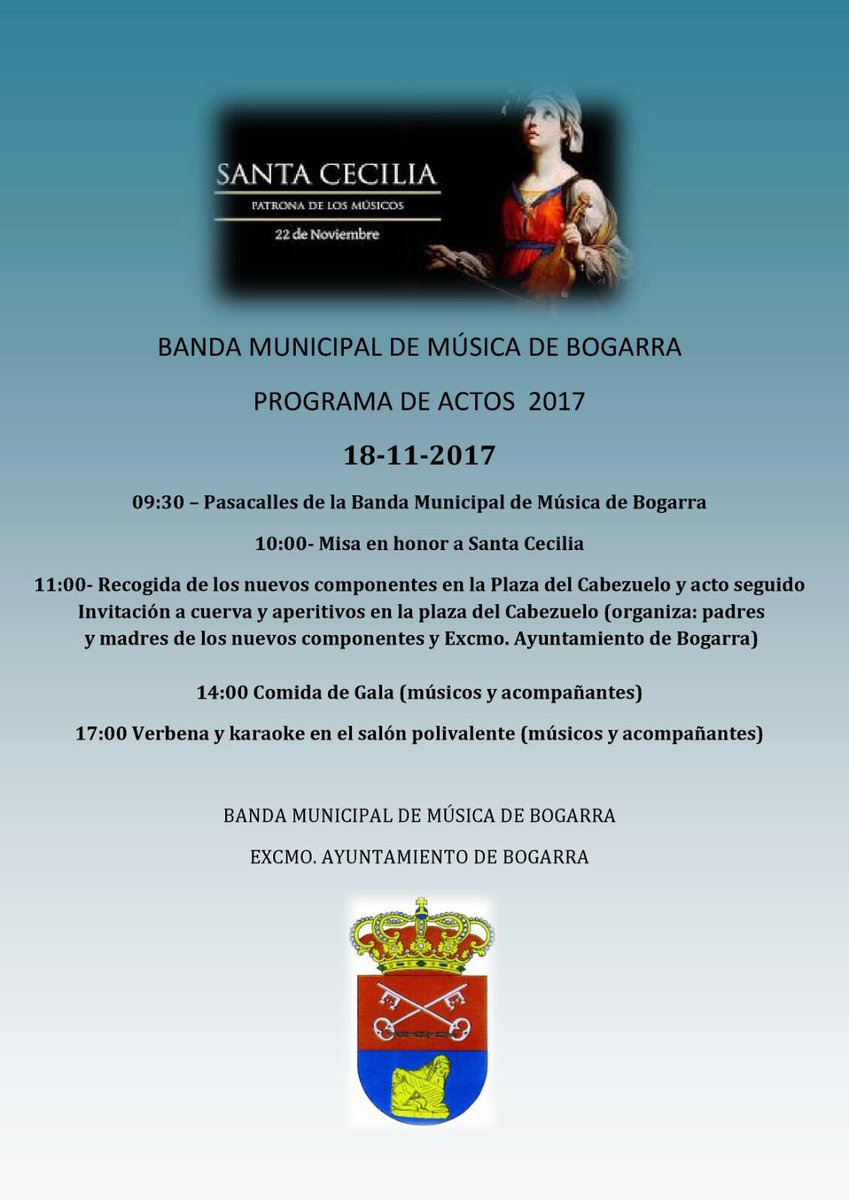 EgJuan92's tweet photo. Os dejo la programación para mañana de nuestra Banda Municipal de Música, 18 de Noviembre en el que celebran Santa Cecilia. Mañana comienzan andadura nuevos componentes y desde aquí mi máximo compromiso con ellos y todos los componentes. https://t.co/LU5wFcqzNE