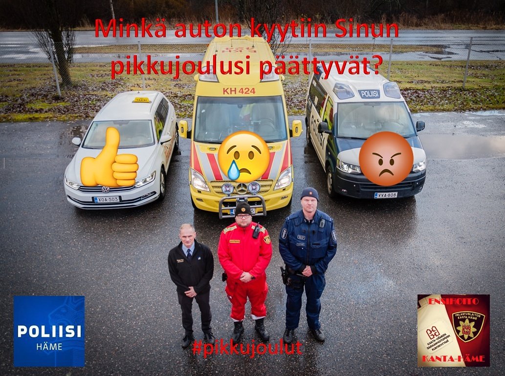 ensihoitokh's tweet photo. Hämeen poliisilaitos, Kanta-Hämeen pelastuslaitos ja Ensihoito Kanta-Häme toivottaa iloista ja mukavaa pikkujouluaikaa kaikille! #valitsekyytisi #ensihoitokh #poliisi #pikkujoulut #taksi https://t.co/V3FFQ2lgpC