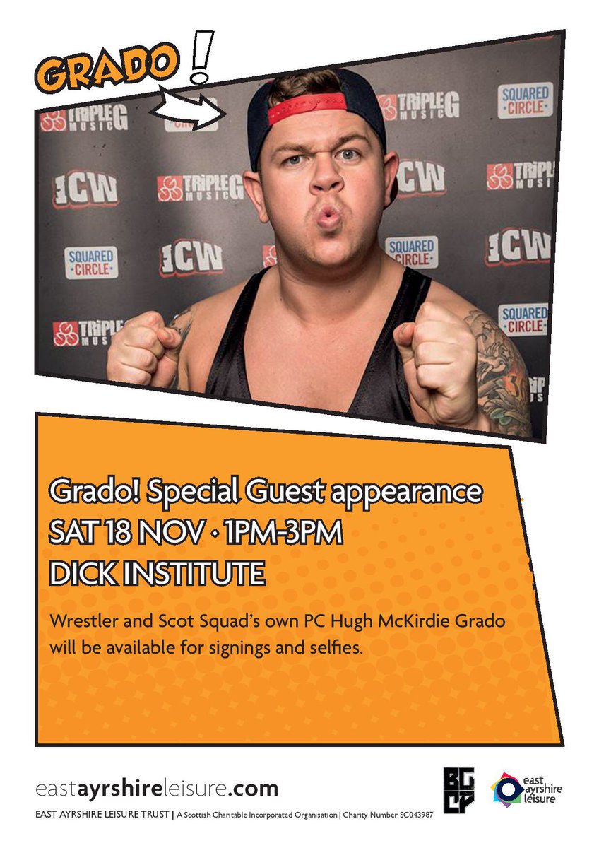 Libbyemm's tweet photo. Get down to the Dick Institute - Killie tomorrow from 1pm and meet @gradowrestling as part of the Comic Con #grado #itsyersel https://t.co/kMYUws2eB2