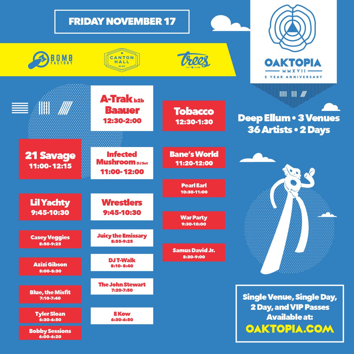 🔺 DAY 1 #OAKTOPIA2017 SCHEDULE! 🔺Single-venue, single-day &amp; weekend passes still available at OAKTOPIA.COM.