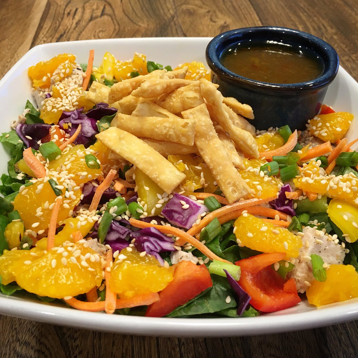 New on our menu is the Asian Citrus salad! Mixed greens from <a href="/VIGEOGARDENS/">VIGEO GARDENS</a> are topped with: grilled chicken, mandarin oranges, red cabbage, sweet peppers, carrots, green onions, sesame seeds, wonton strips and served with house made asian citrus dressing! artisancoffeeshop.com/menu