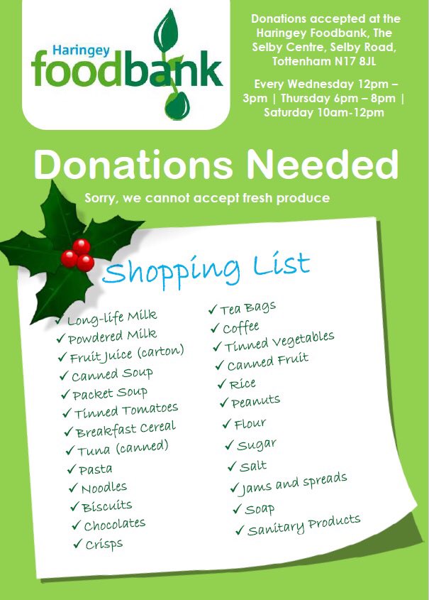 X-mas Haringey Foodbank Donation Drive. 

Please donate if you can. Donate at The Selby Centre on Wed (12-3pm), Thu (6-9pm) or Sat (10-12pm)