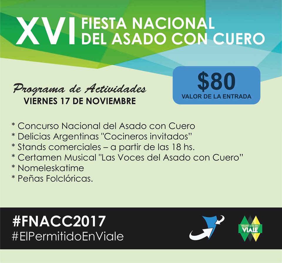 MuniVialeER's tweet photo. #FNACC2017 - #ElPermitidoEnViale
Este es el programa preparado para la segunda jornada de la XVI #FiestaNacional del #AsadoConCuero ¡Te esperamos! Compartí junto a tu familia este importante evento para la ciudad. @MinTurER https://t.co/qDg4LcR4wV