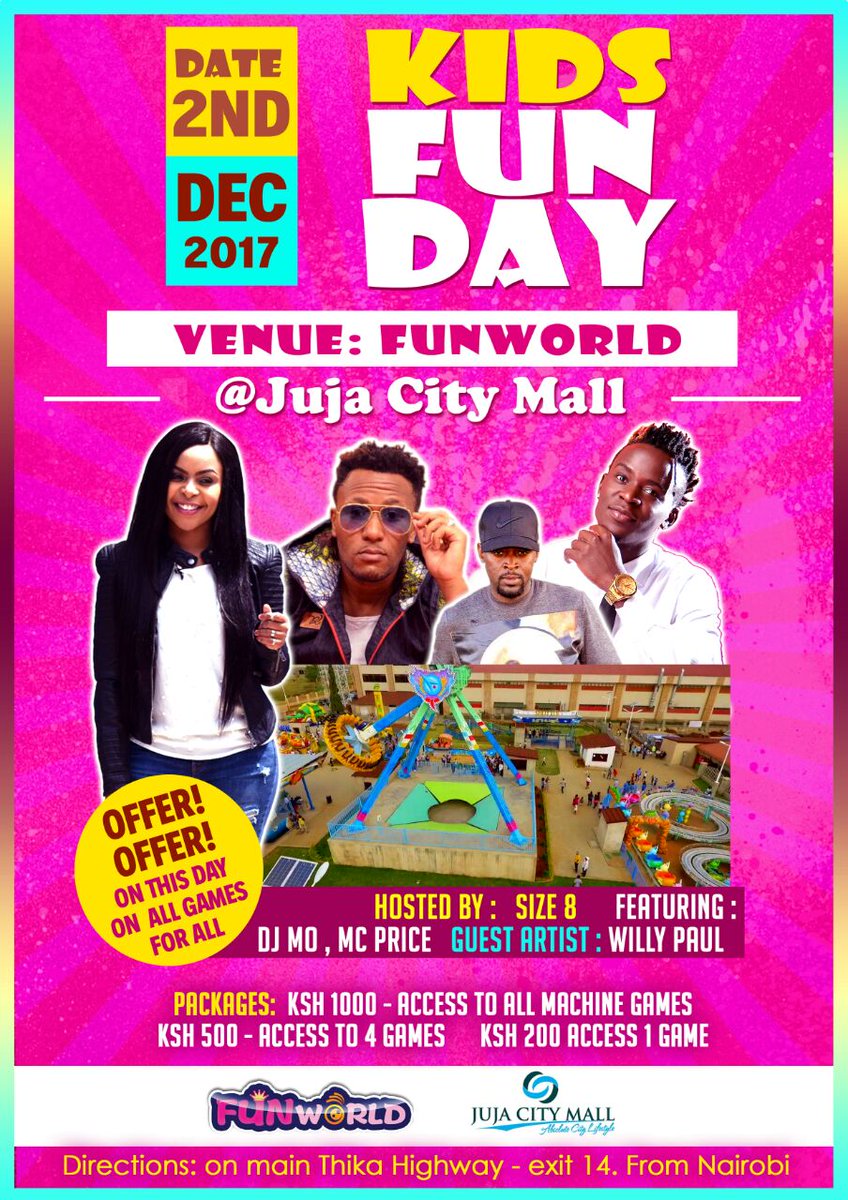 Drop by with your family for tonns of entertainment with <a href="/Size8reborn/">SIZE 8 REBORN</a> ft <a href="/DJMOKENYA/">TopaDetopDj</a> <a href="/WillyPaulMusic/">WILLY PAUL GLOBAL🌐</a> 
<a href="/mcpricekenya/">THE HYPE GENERAL</a> at
<a href="/FunWorldKenya/">FunWorldJujaCityMall</a>