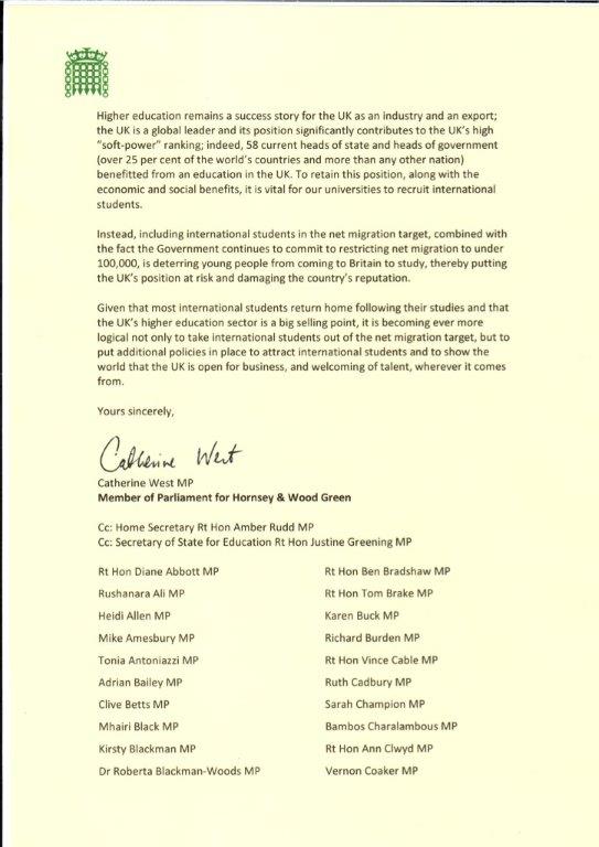 CatherineWest1's tweet photo. Proud to be supporting #InternationalStudentsDay - here is my cross-party letter to the Prime Minister, signed by Shadow Home Secretary @HackneyAbbott and 111 MPs, calling on her to take international students out of the Home Office's net migration targets https://t.co/HBWzPl712o