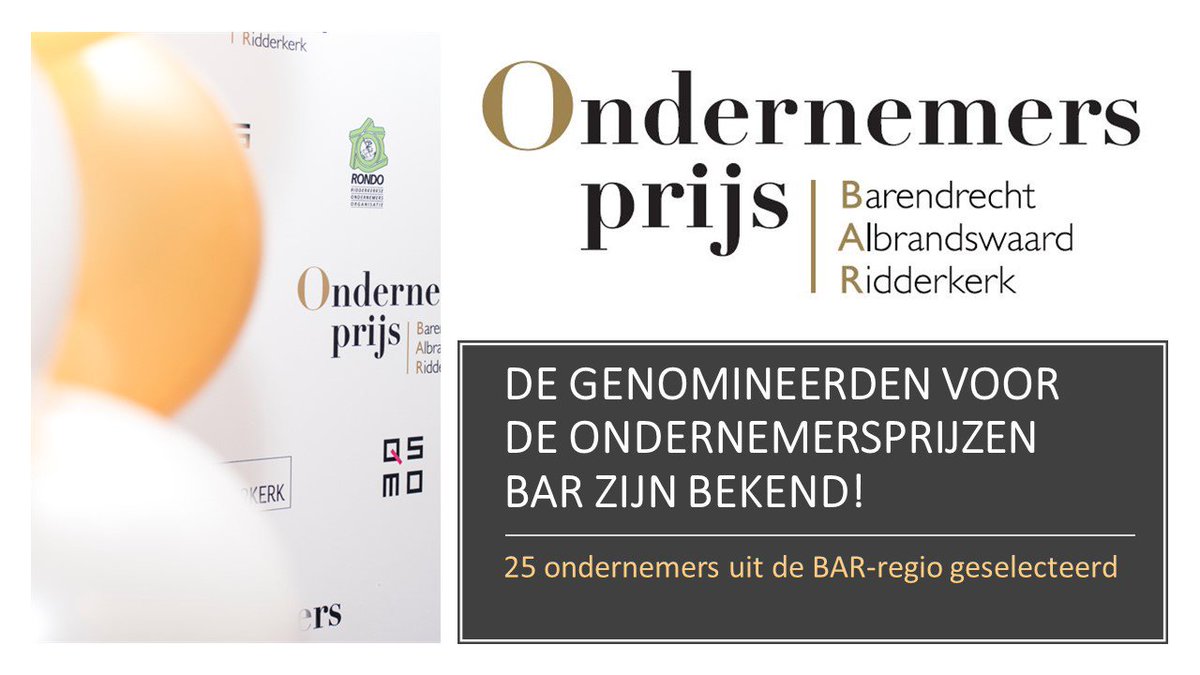 De genomineerden voor de #ondernemersprijzenBAR zijn bekend! Uit ruim 100 voorgedragen ondernemers hebben de 5 jury’s van de ondernemersprijzen 25 ondernemers geselecteerd. Zij gaan door naar de jurygesprekken op 4/12 in <a href="/HotelRidderkerk/">Hotel Ridderkerk</a>. De ondernemers: ondernemersprijzenbar.nl/nieuws/