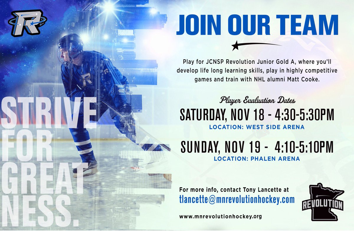 MNRevHockey's tweet photo. Hey everyone! We have tryouts this weekend. If you or anyone you know is looking for a place to play give us a shout! https://t.co/PM5amaTPg2