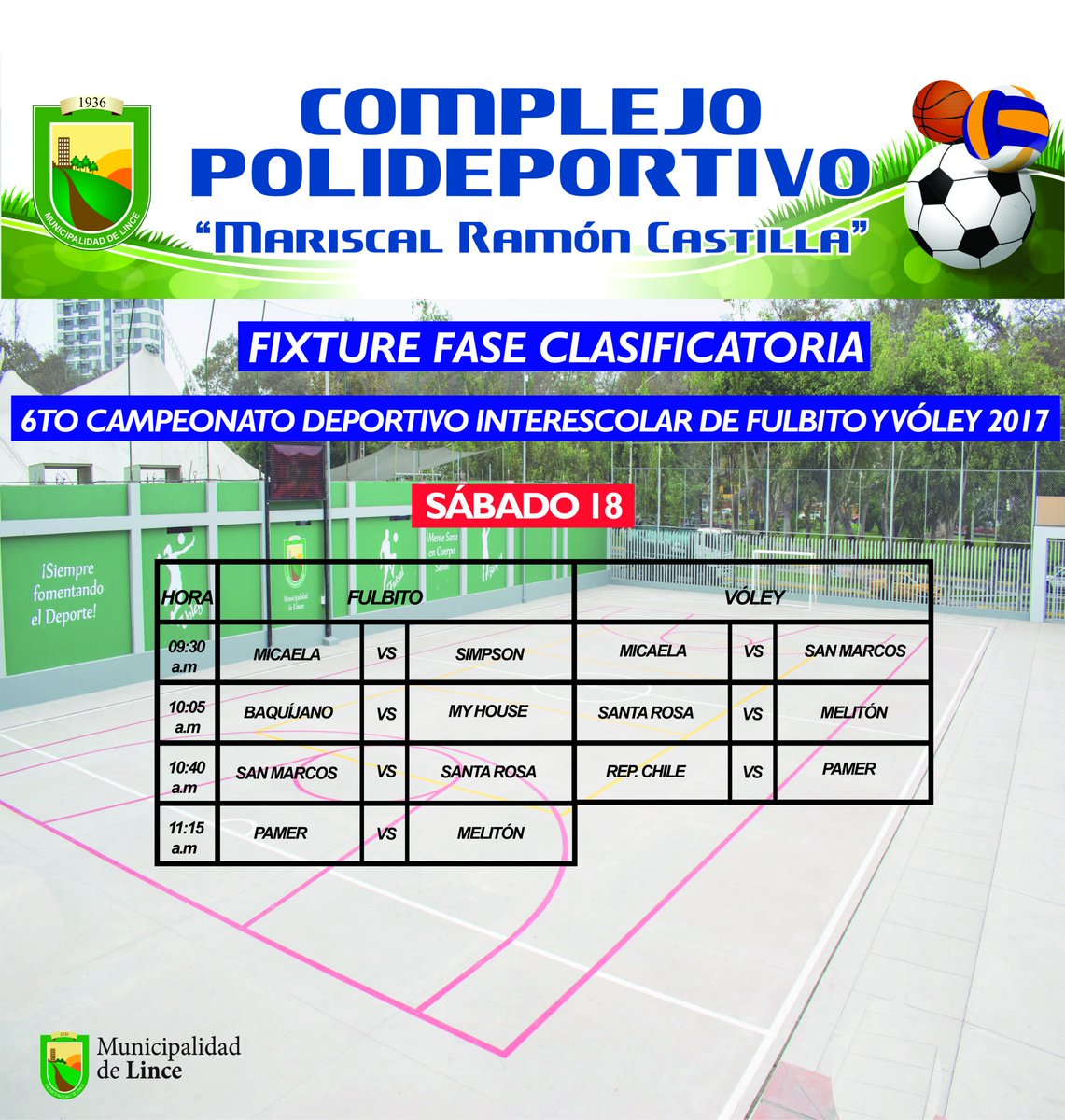 Muni_Lince's tweet photo. #CampeonatoInterescolar #Lince2017 #DeporteEsSalud en el #ComplejoPolideportivo #MariscalRamónCastilla ven con tu familia y alienta a la #JuventudLinceña, este sábado 18 de noviembre desde las 9.30 a.m. https://t.co/svoTS7fceA