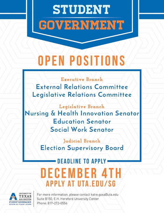 UTA_STUGOV's tweet photo. Student Government is opening up our application for next semester positions!
Please visit our website for more information at https://t.co/qq99n6gXPF
#UTASG #DSA https://t.co/aSHhCahDmN