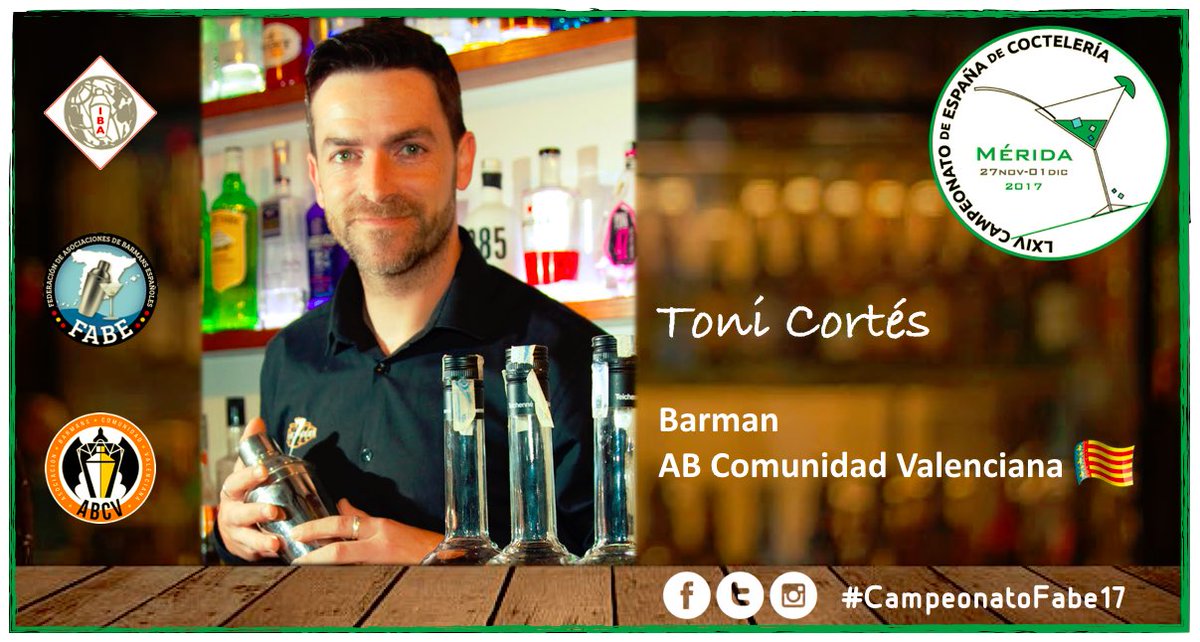 fabebartenders's tweet photo. Toni Cortés será el barman representante de @barmansvalencia en el #CampeonatoFabe17 #somosfabe #fabe2017 https://t.co/fSS1jK5Ayy