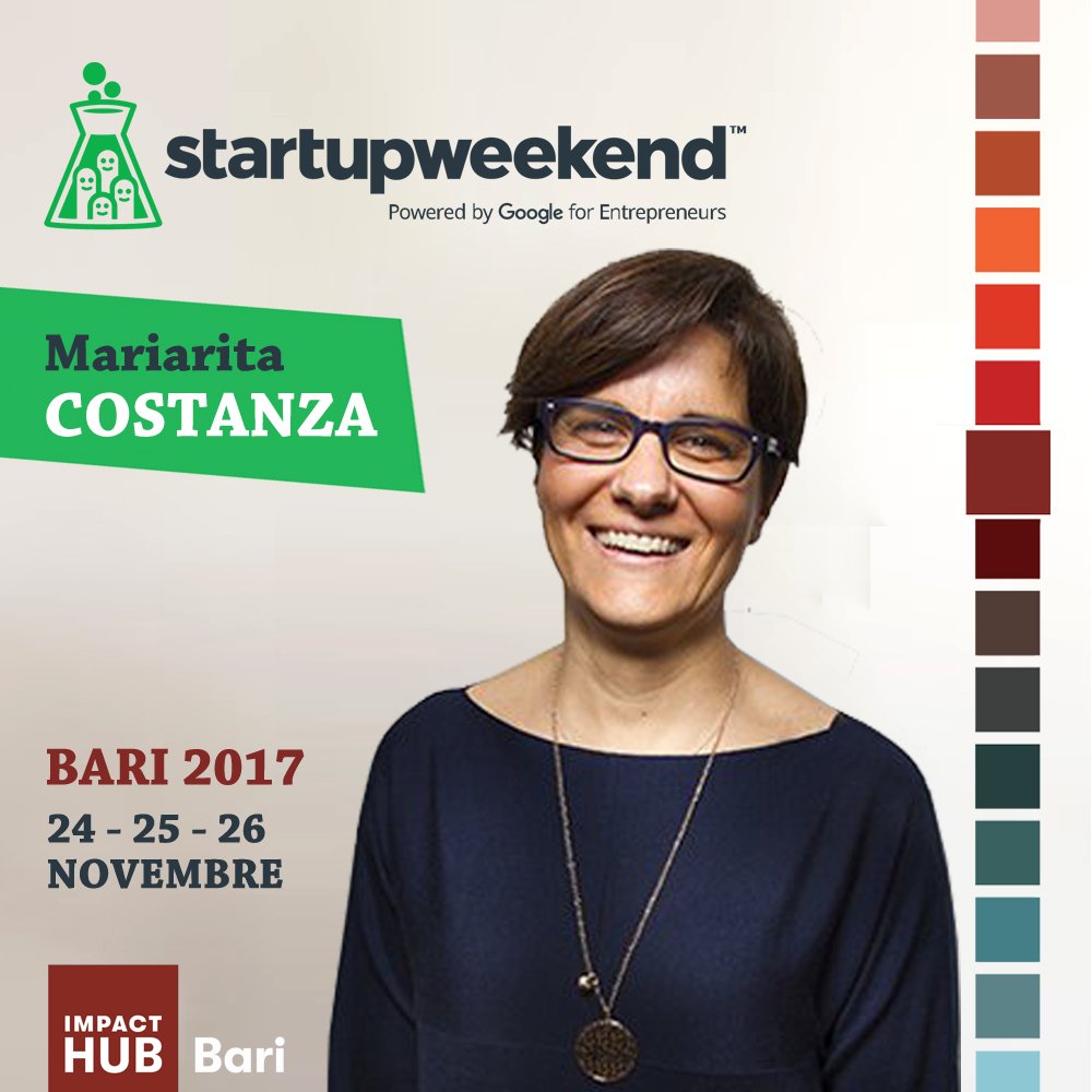 📢Iniziamo a svelare i nomi dei giudici di Startup Weekend Bari 2017!
Vi presentiamo Mariarita Costanza, cofounder e CTO di Macnil Gruppo Zucchetti e GT ALARM. Per info clicca qui: goo.gl/6bq6JE