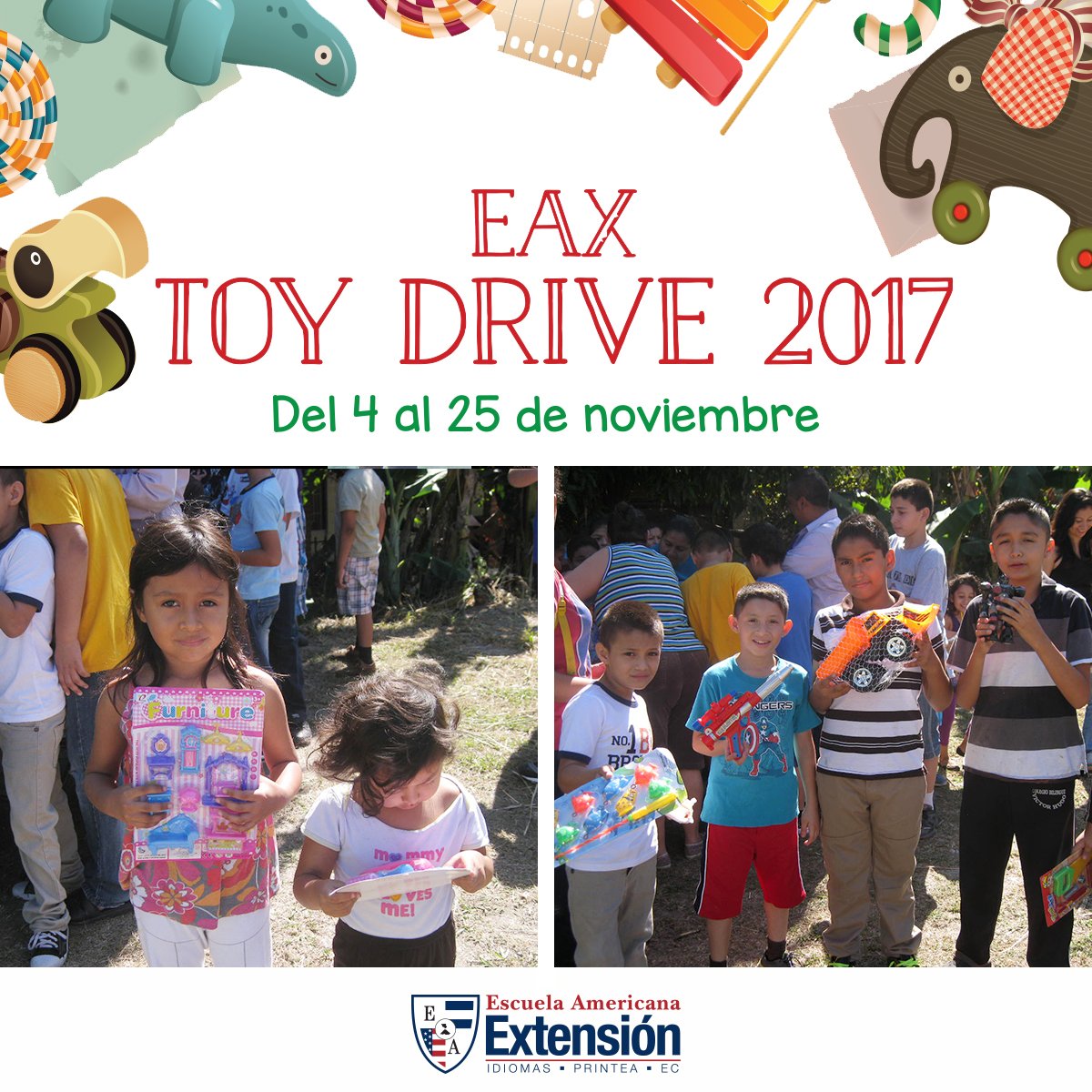 ExtensionEA's tweet photo. En esta Navidad llevemos una sonrisa y un juguete a los niños de ADASCLESA.
Estaremos recibiendo juguetes nuevos y usados en buen estado en las oficinas de #ExtensionEA #sonrisas #Navidad https://t.co/8k9mdGiQDB