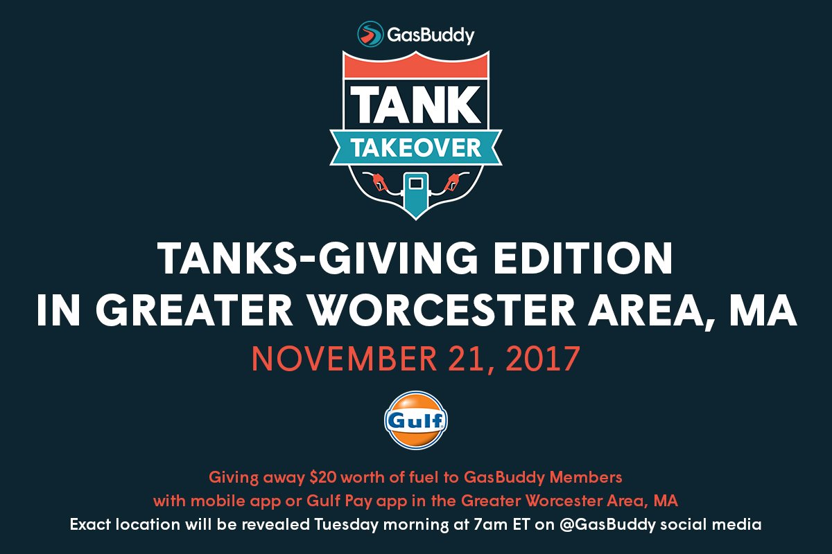 Tanks-giving continues! We’re teaming up with <a href="/GulfOil/">Gulf</a> to giveaway FREE gas to registered GasBuddy or Gulf Pay members near #Worcester, Massachusetts. The exact location will be revealed Tuesday morning right here on our Twitter page! #TankTakeover