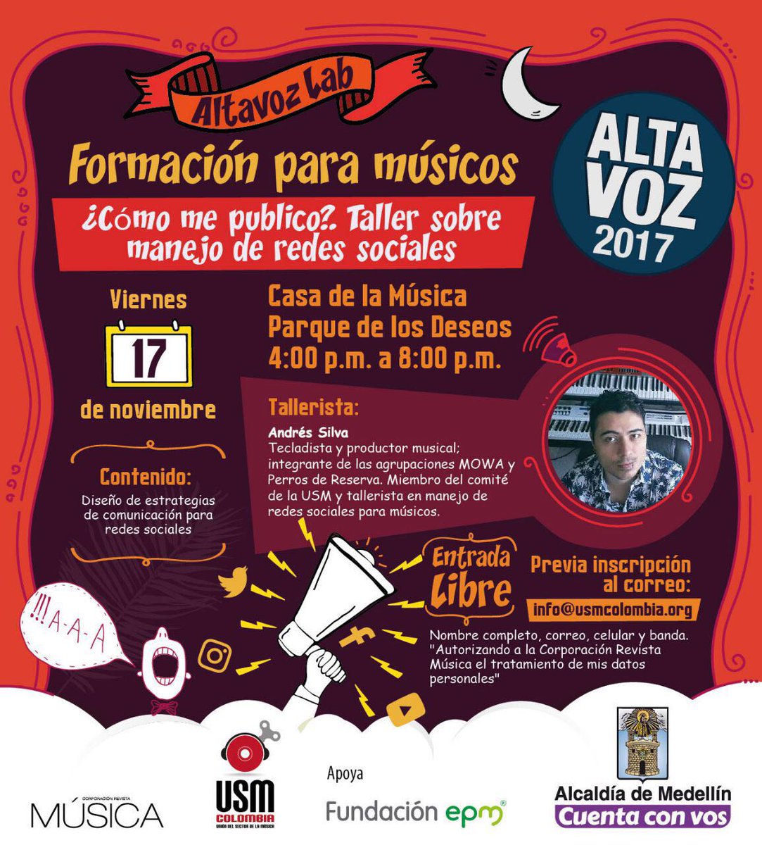 EPMestamosahi's tweet photo. Tenemos una cita con muchos músicos en formación, para hablar sobre, ¿cómo me publico?, en el taller para manejo de redes sociales. ¡Bienvenido! Te estaremos esperando en la Casa de la Música del #ParqueDeLosDeseos. 🎙🎶 #FundaciónEPM #AltaVoz2017 https://t.co/FAkGQWvX3l