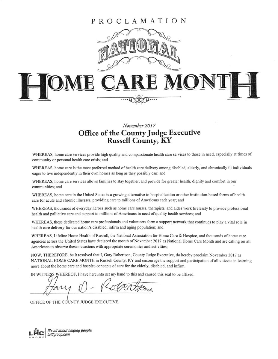 RCKYGOV's tweet photo. Yesterday, Judge Gary D. Robertson signed a proclamation declaring November 2017 National Home Care Month in Russell County. https://t.co/bpsYo2CgPK