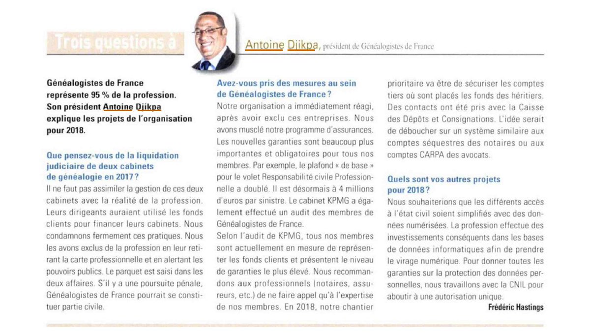 Paru dans Droit &amp; Patrimoine L'hebdo 1122 du 13/11/2017. Trois questions à Antoine Djikpa, associé et directeur du Département Recherches chez ADD Associés, et par ailleurs président de <a href="/GenealogistesFR/">Généalogistes France</a>