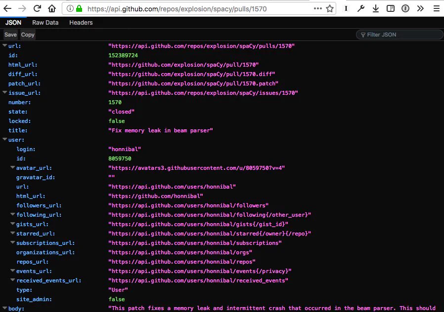 Screenshot of a GitHub API response in the Firefox JSON viewer