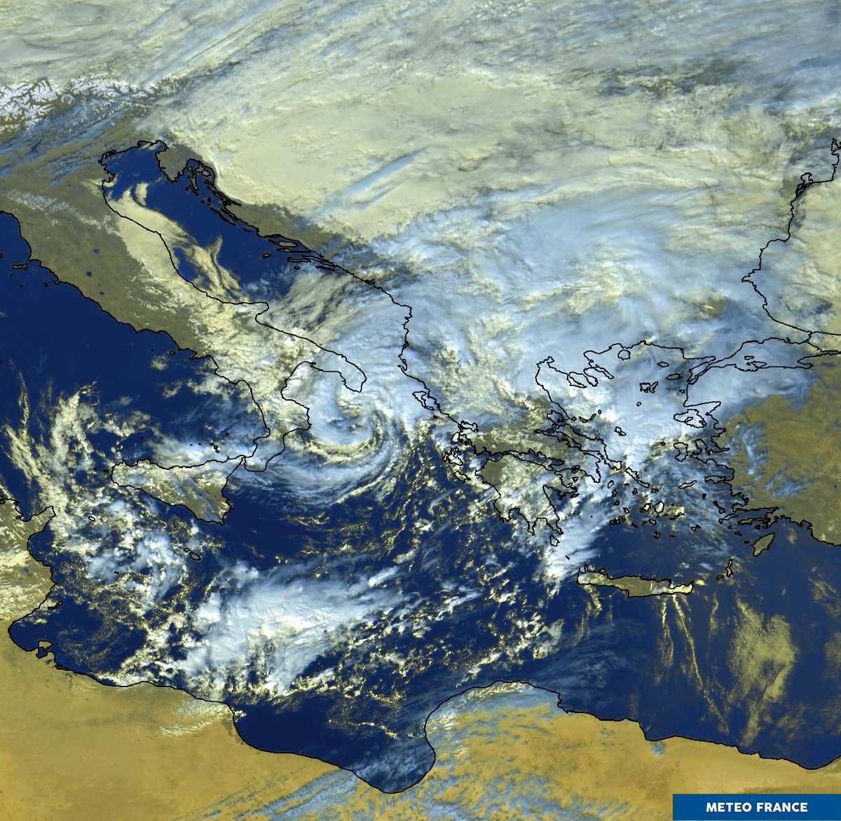 Goatys_News's tweet photo. #Numa now has the characteristics of a 🌀, #Mediterranean subtropical depression - @meteofrance 17151400UTC. #Greece #Italy #Balkans #Medicane #StormNUMA #GRwx #ITwx #EUwx #Wx #News https://t.co/cltN2ySjll