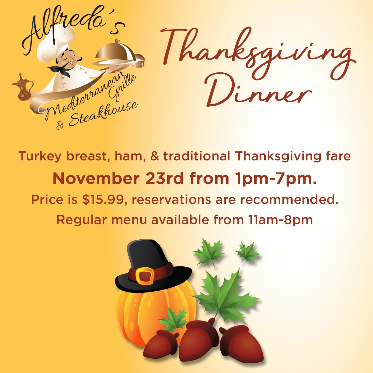 alfredosgrille's tweet photo. Alfredo's will be open on Thanksgiving! Come enjoy a traditional Thanksgiving fare with us. #gotowv #StartCT #Thanksgiving https://t.co/zwIo4mfYCK